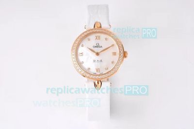 Swiss Replica Omega De Ville Rose Gold White MOP Dial Diamond Bezel Watch